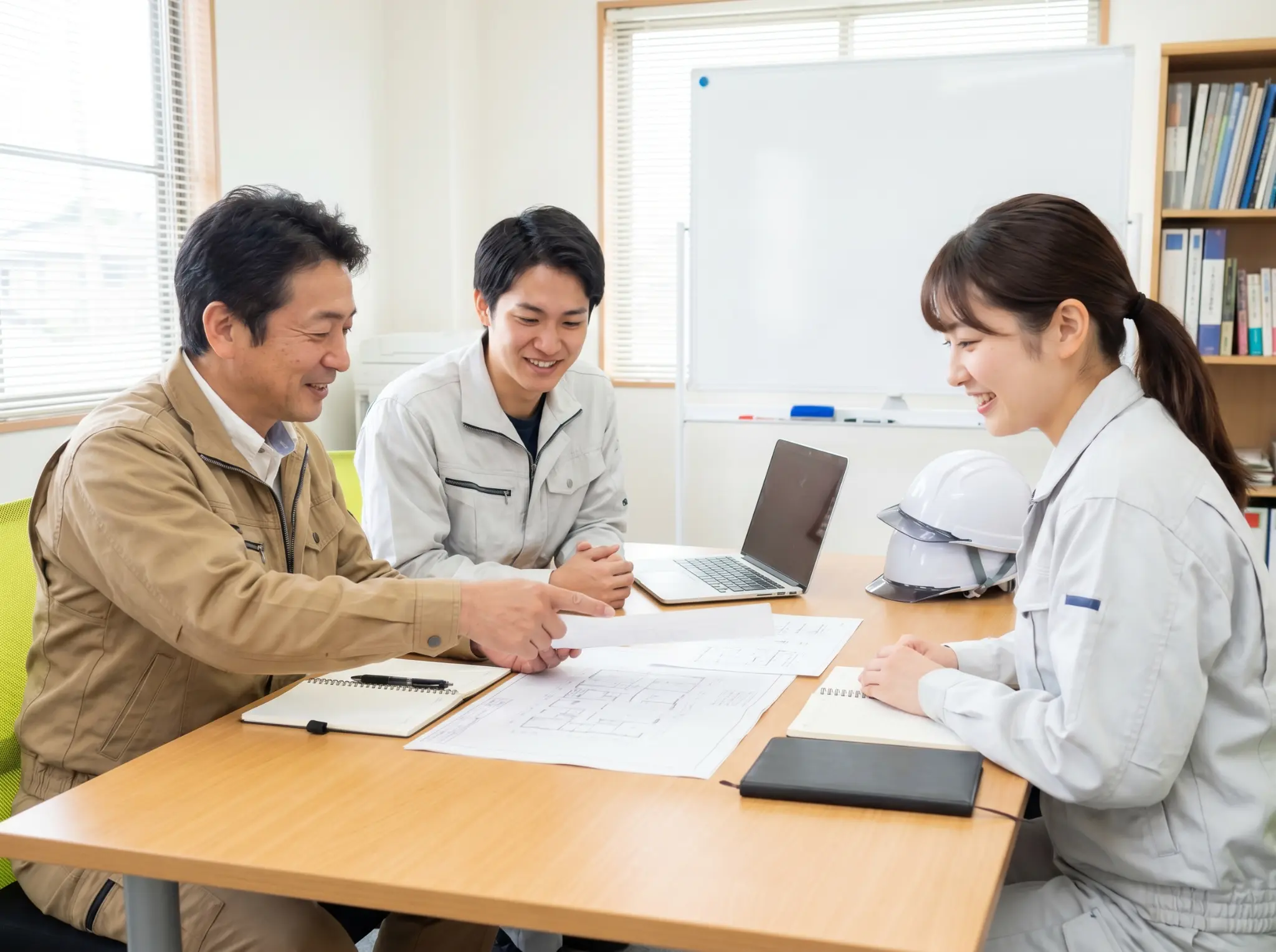 社長と若手社員が一緒に図面を見ながら話し合う様子